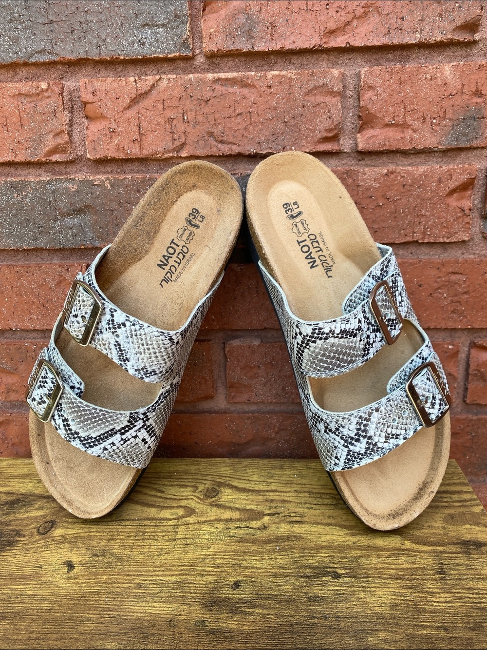 Naot Women’s Double-Strap Snake Print Slide Sandal in Beige and Black 39